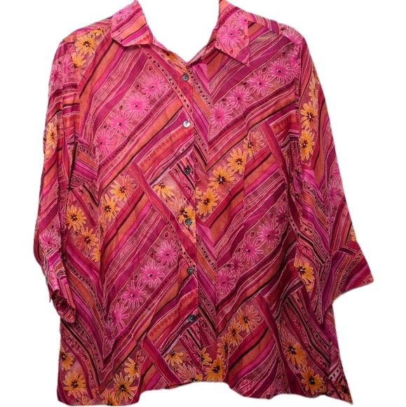 Choices Tops - Choices Sheer Bright Pink Floral Button Down Top - 1X